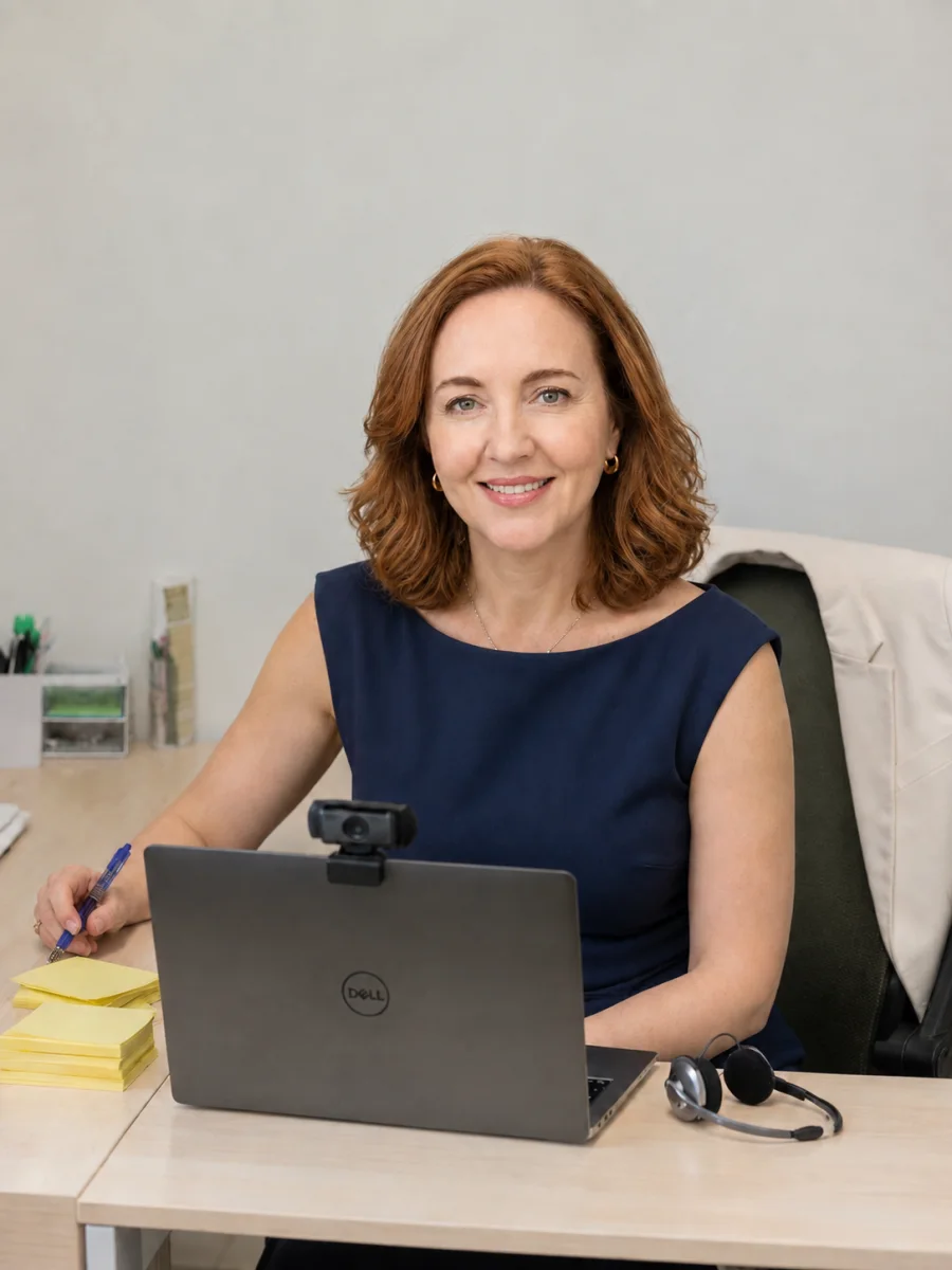 Bilingual speech-language pathologist at her desk during an online session