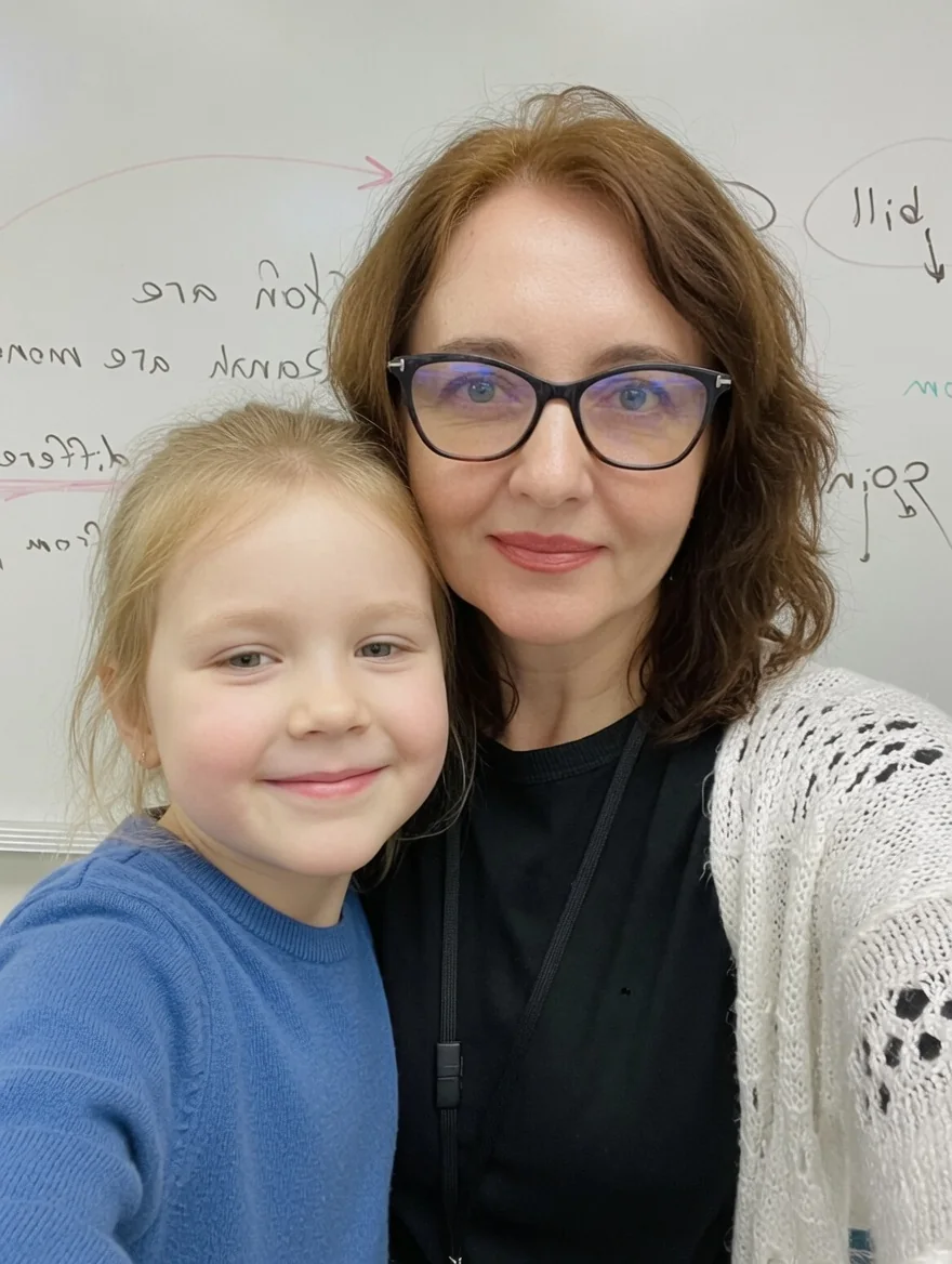Bilingual speech-language pathologist Kat with a young client at the whiteboard in her Weston, Florida therapy studio