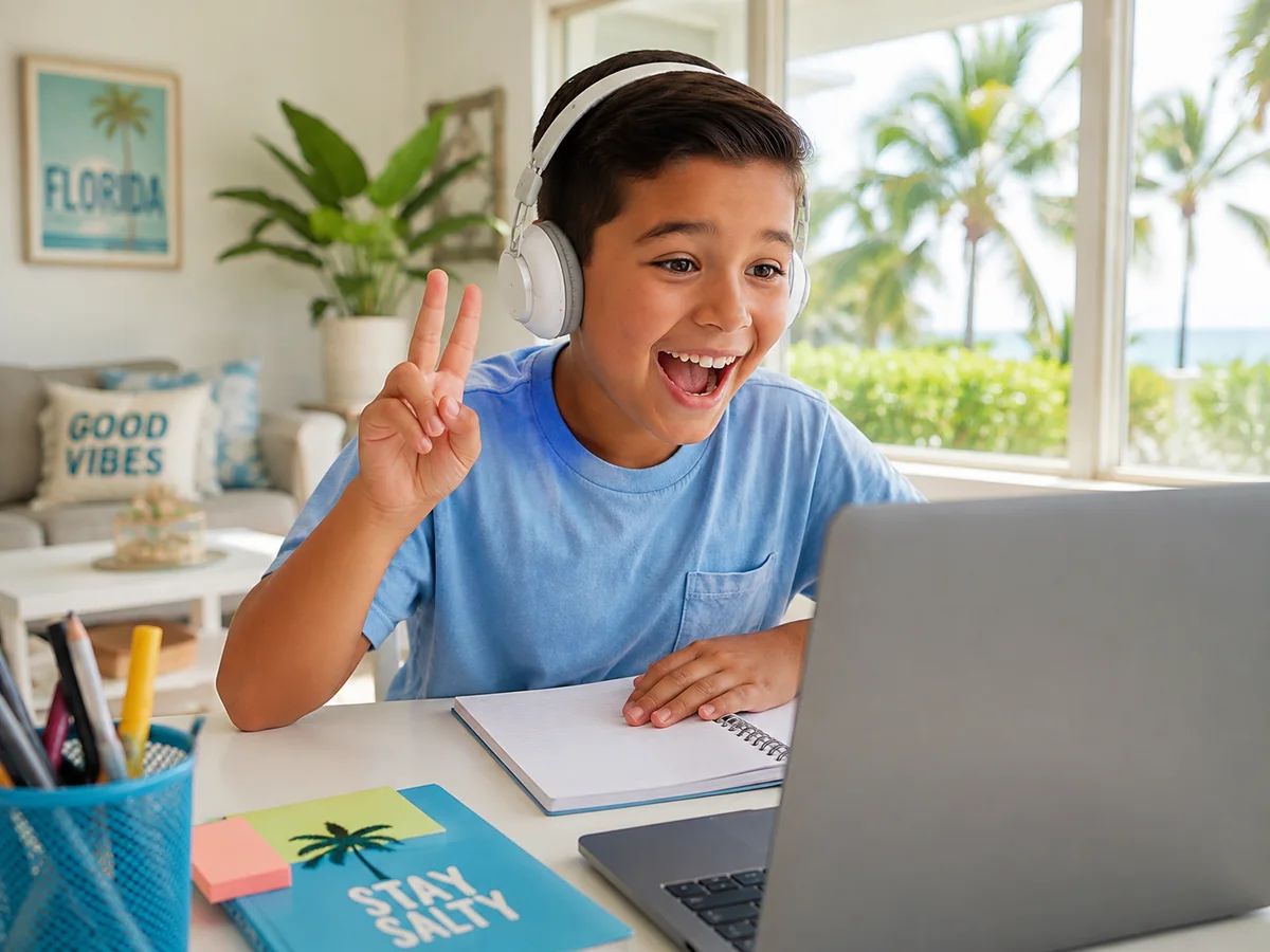 Child in a telepractice speech therapy session at home in Florida