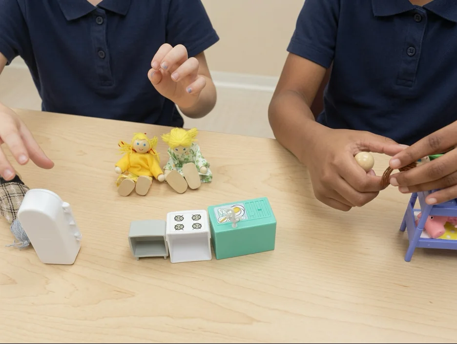 Two children playing with a dollhouse kitchen set during a play-based language session